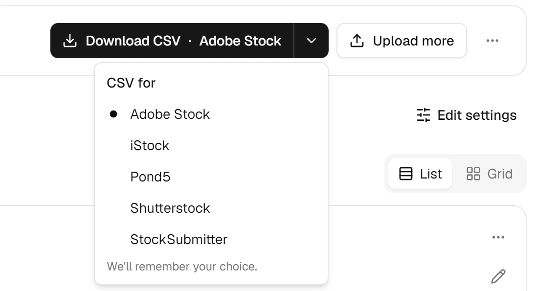 The CSV menu: Adobe Stock, iStock, Pond5, Shutterstock or StockSubmitter